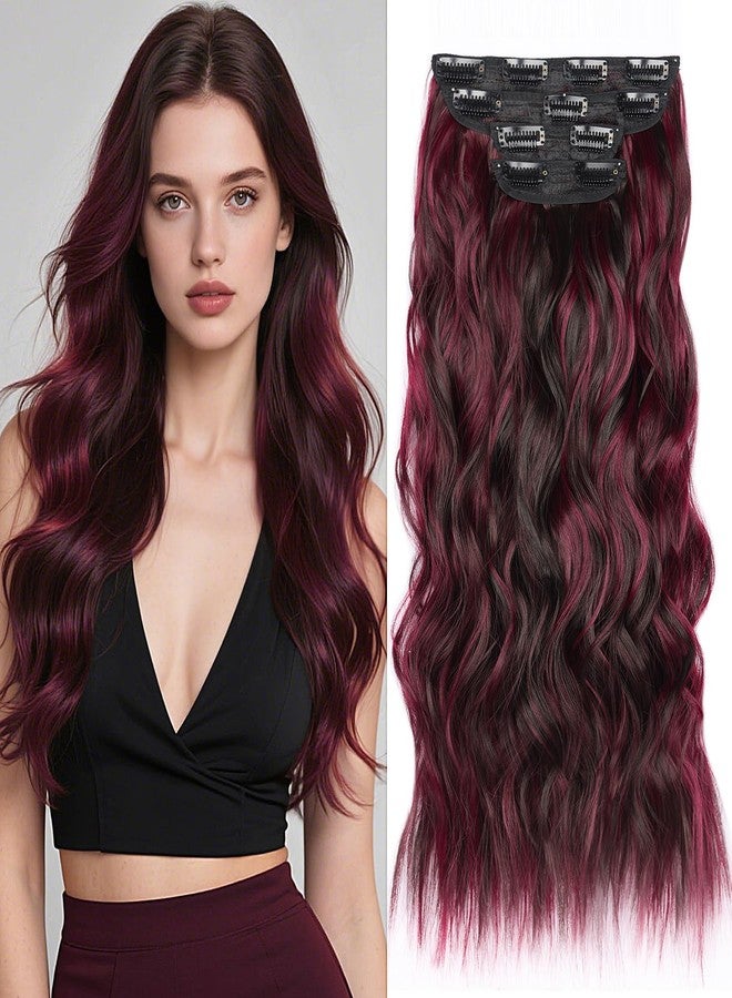 MAYSA Burgundy Clip in Hair Extensions 4Pcs Long Wavy Hair Dark Red Synthetic Clip in Extensions 22 Inch for Women #Dark Brown Mix Burg - Image 1